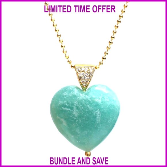 14k Gold Plated Heart Pendant Necklace with Healing Crystal Adjustable Chain